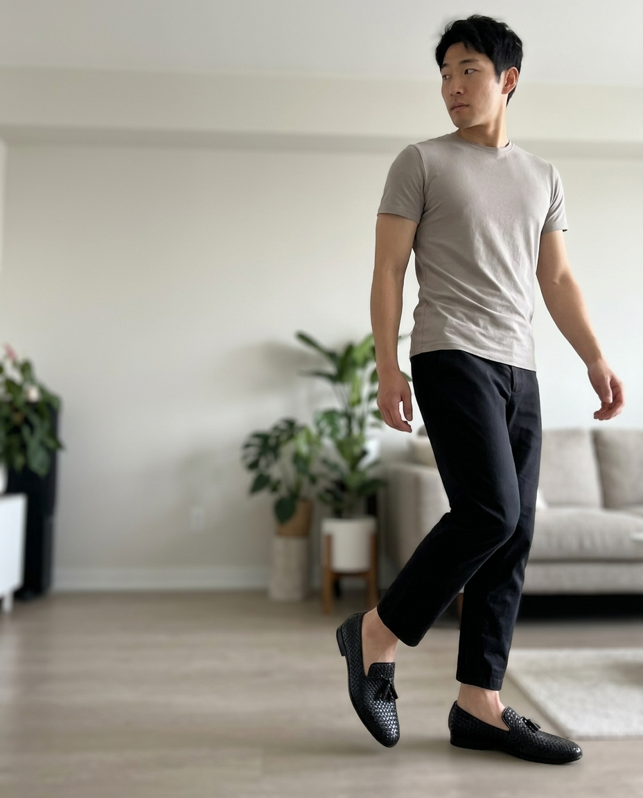 Black Woven Tassel Loafers styled in an everyday setting