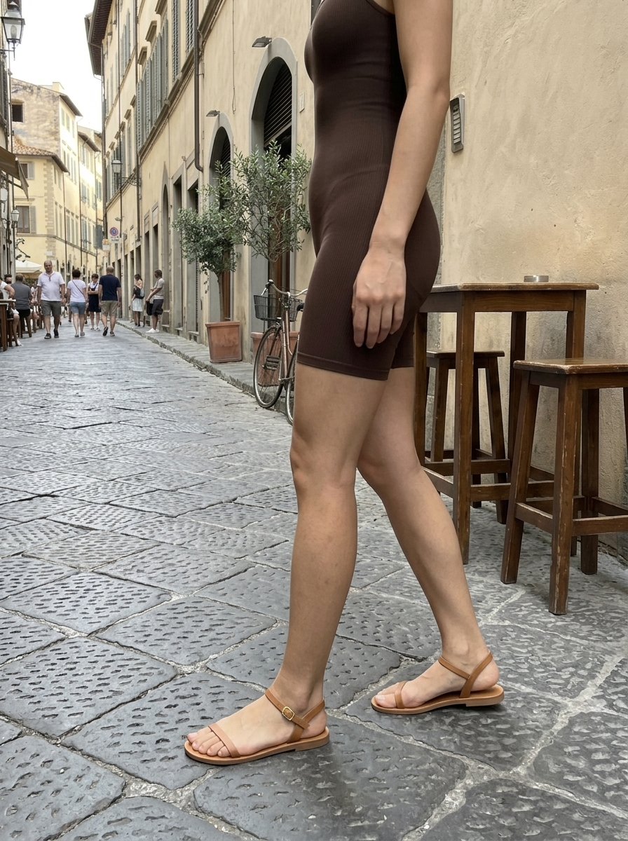 Bodysuit, Brown Scoop Neck Mid-Thigh Knit worn in an everyday street setting