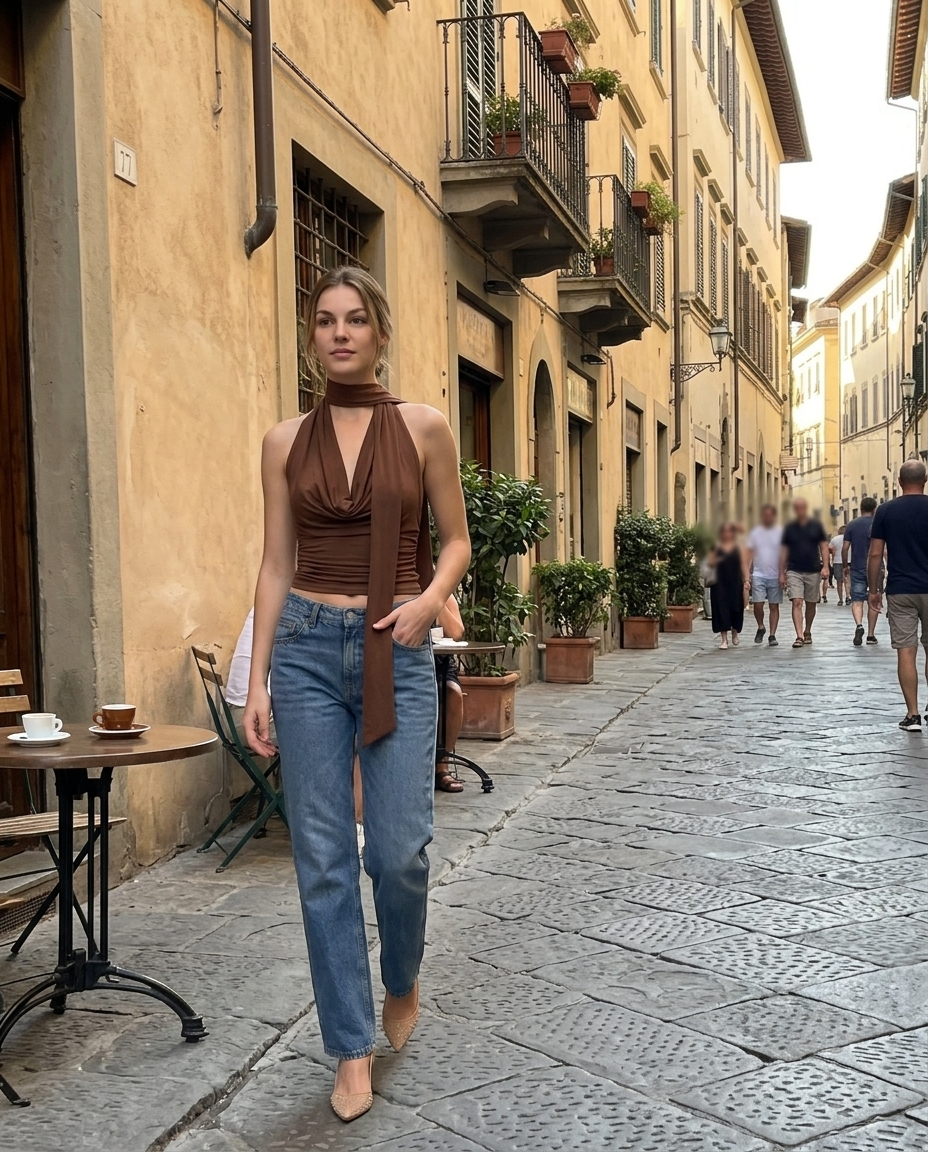 Brown Cowl Neck Halter Cropped Top worn in an everyday street setting