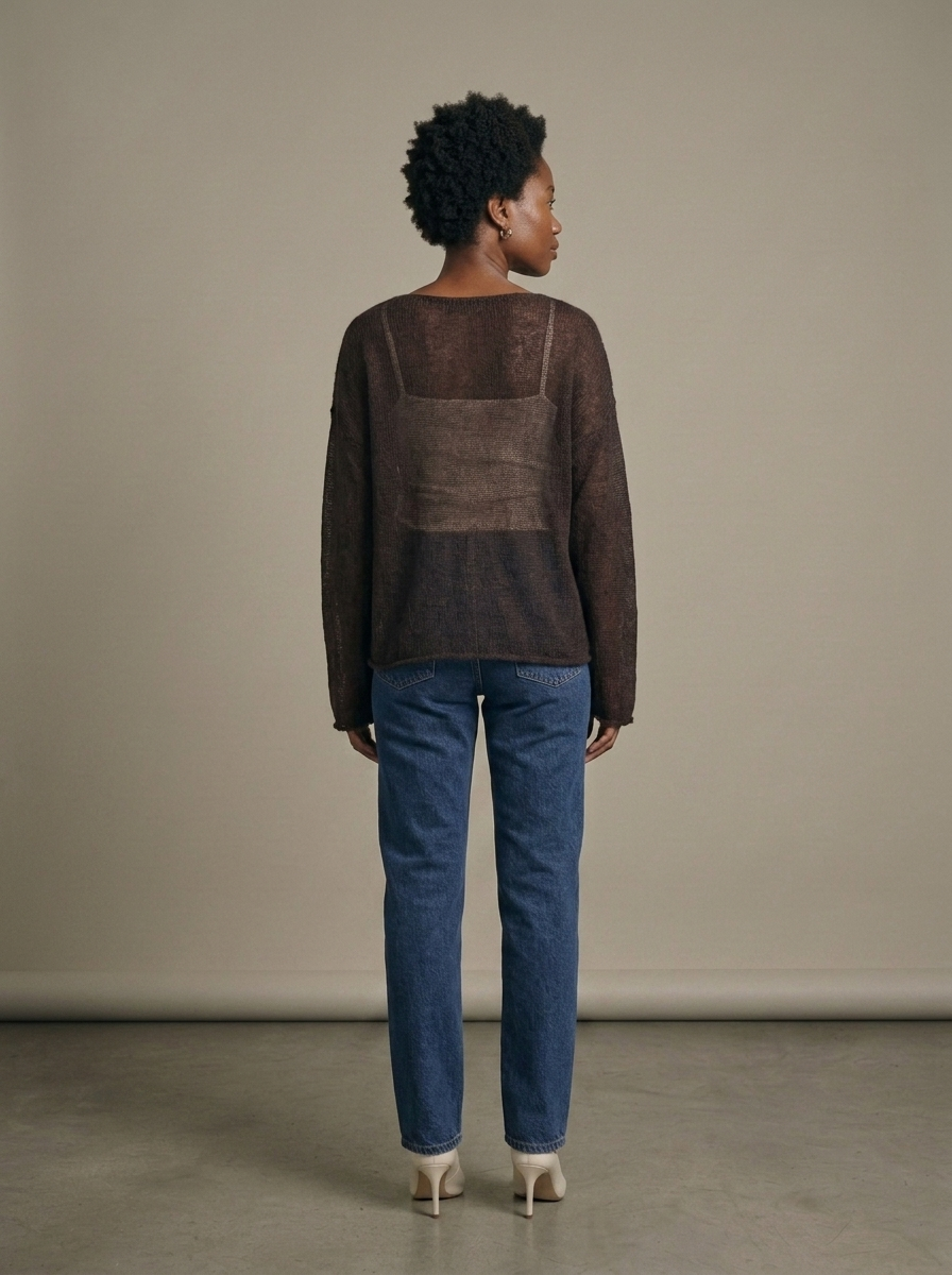 Brown Sheer Knit Sweater, Oversized Fit worn by a model, back view