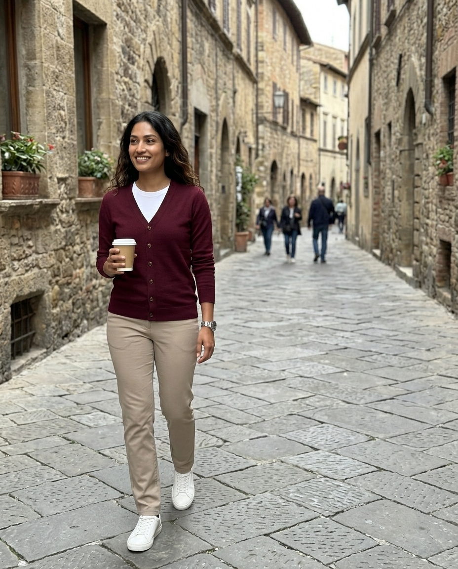Cardigan Burgundy V-Neck Button Knit worn in an everyday street setting