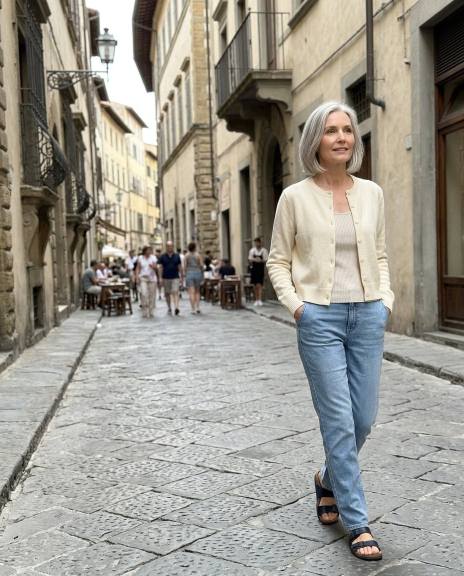 Cream Ribbed Cropped Knit Cardigan worn in an everyday street setting
