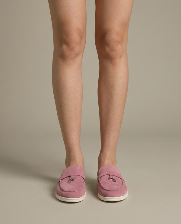 Dusty Pink Suede Mule Loafers, Metal Lock Detail