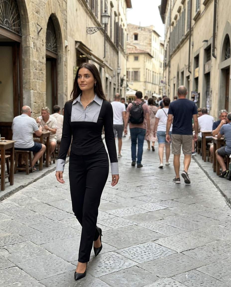 Fitted Long Sleeve Striped Collar Top worn in an everyday street setting
