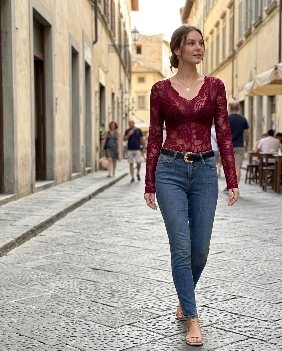 Lace Long Sleeve V-Neck Top, Burgundy worn in an everyday street setting