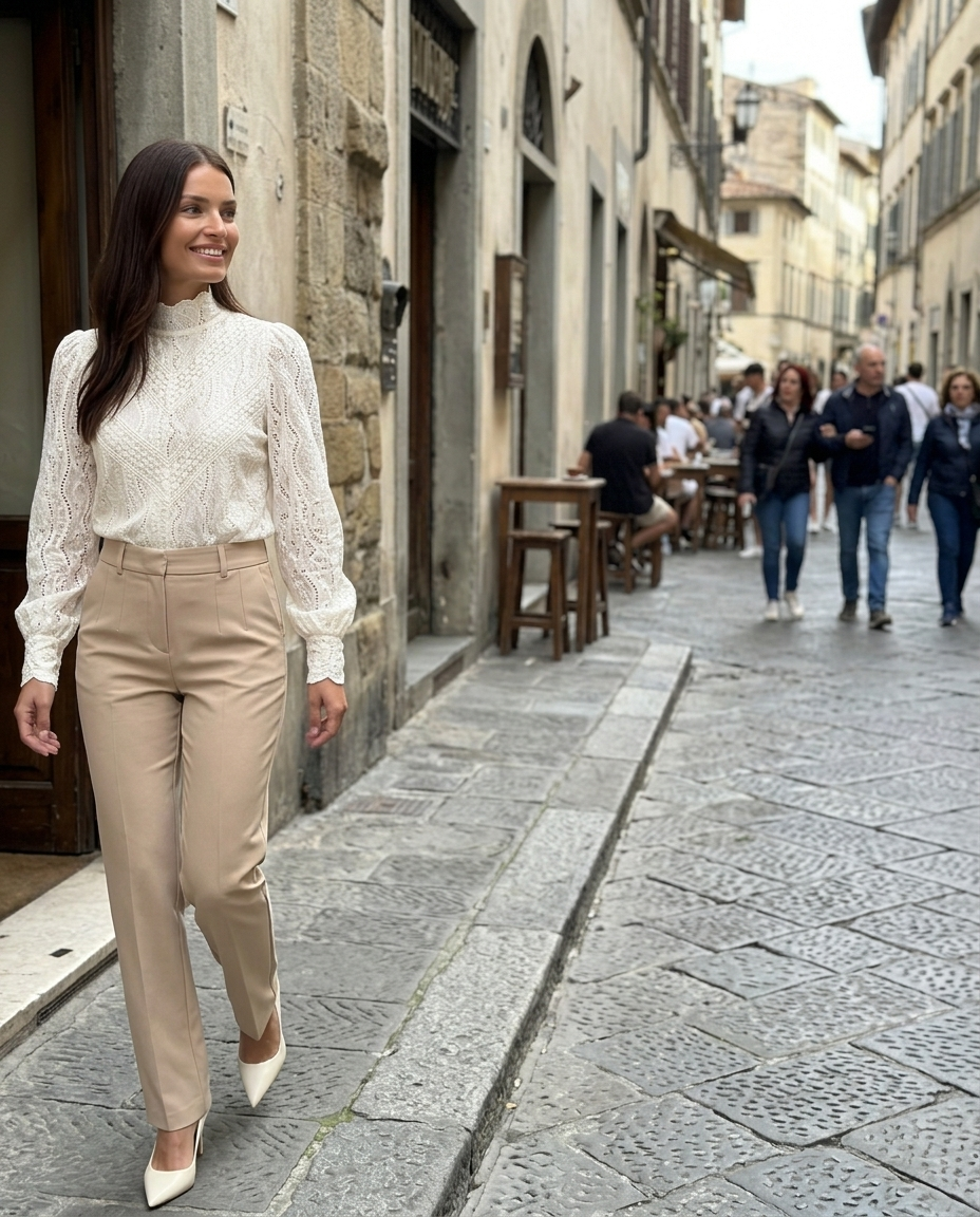 Lace Ruffled Puff Sleeve Blouse worn in an everyday street setting
