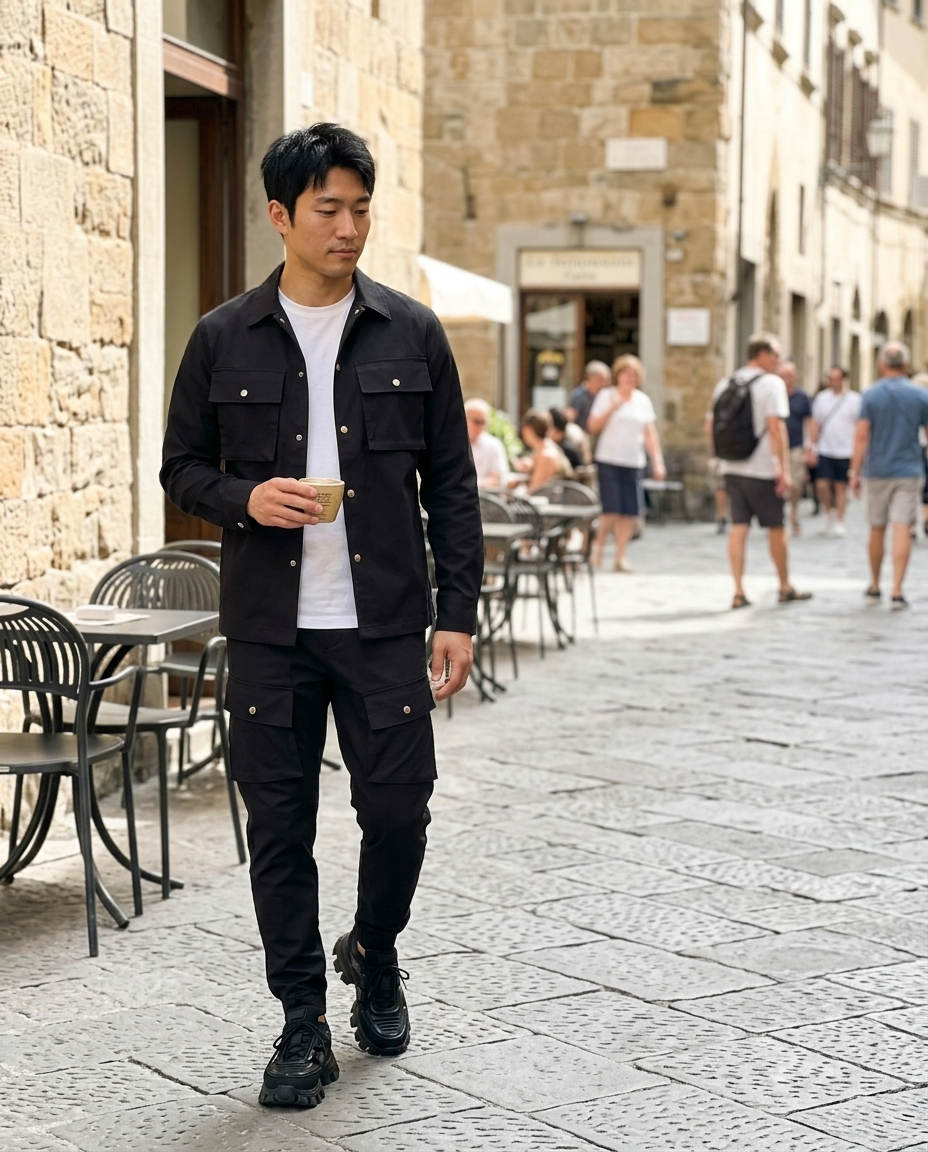 Men's Cargo Overshirt and Jogger Set worn in an everyday street setting