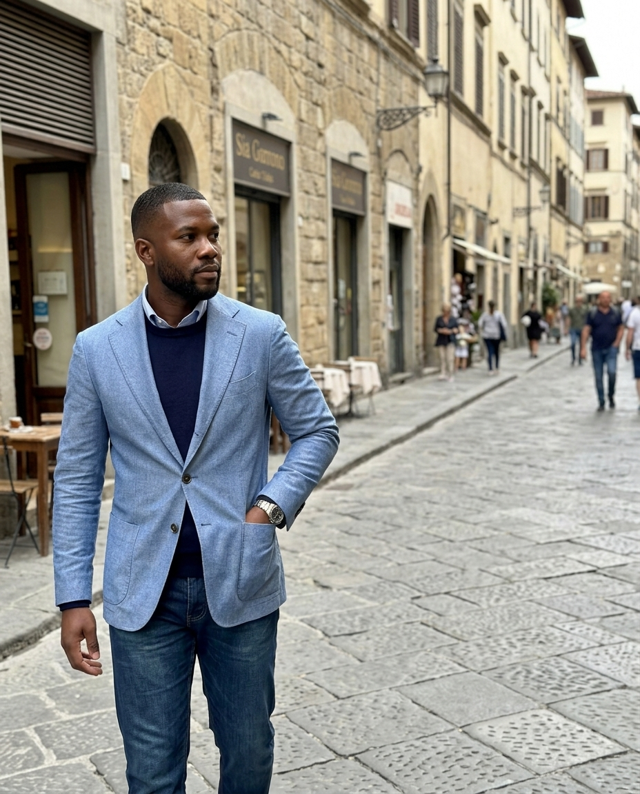 Men's Light Blue Chambray Casual Blazer worn in an everyday street setting