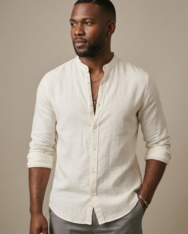 Men's Off-White Linen Blend Band Collar Shirt