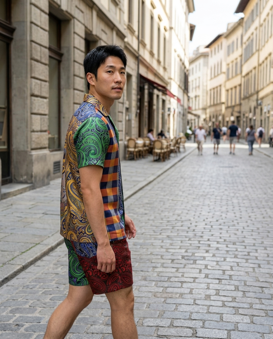 Men's Patterned Pocket Squares, Silk Blend worn in an everyday street setting