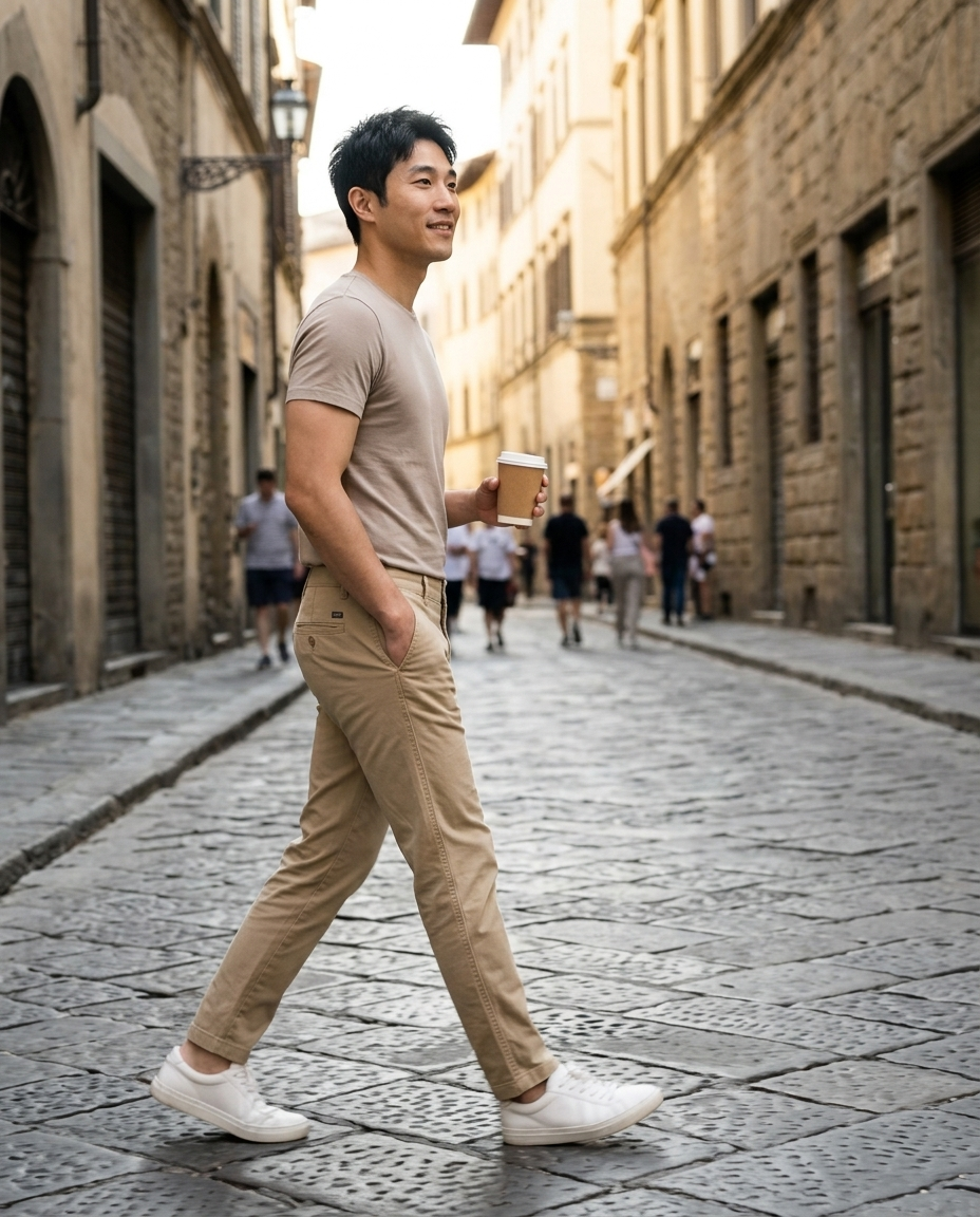 Men's Slim Fit Khaki Chino Pants worn in an everyday street setting