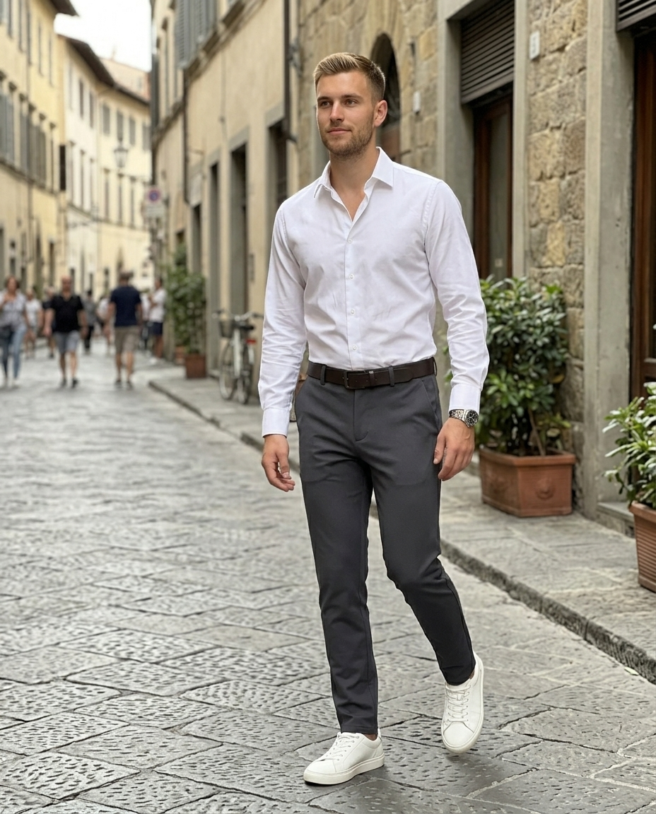 Men's Slim Fit Tailored Trousers worn in an everyday street setting