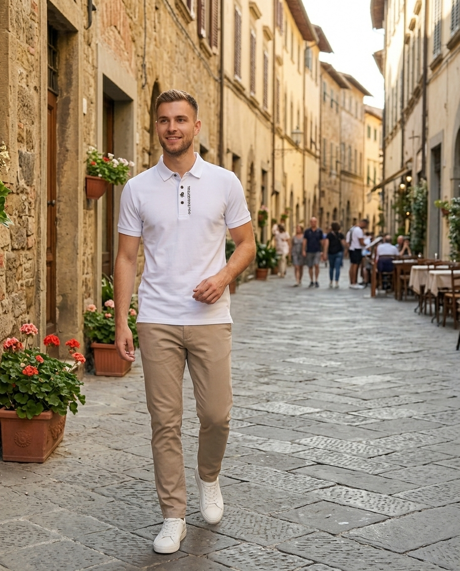 Men's White Pique Slim Fit Polo Shirt worn in an everyday street setting