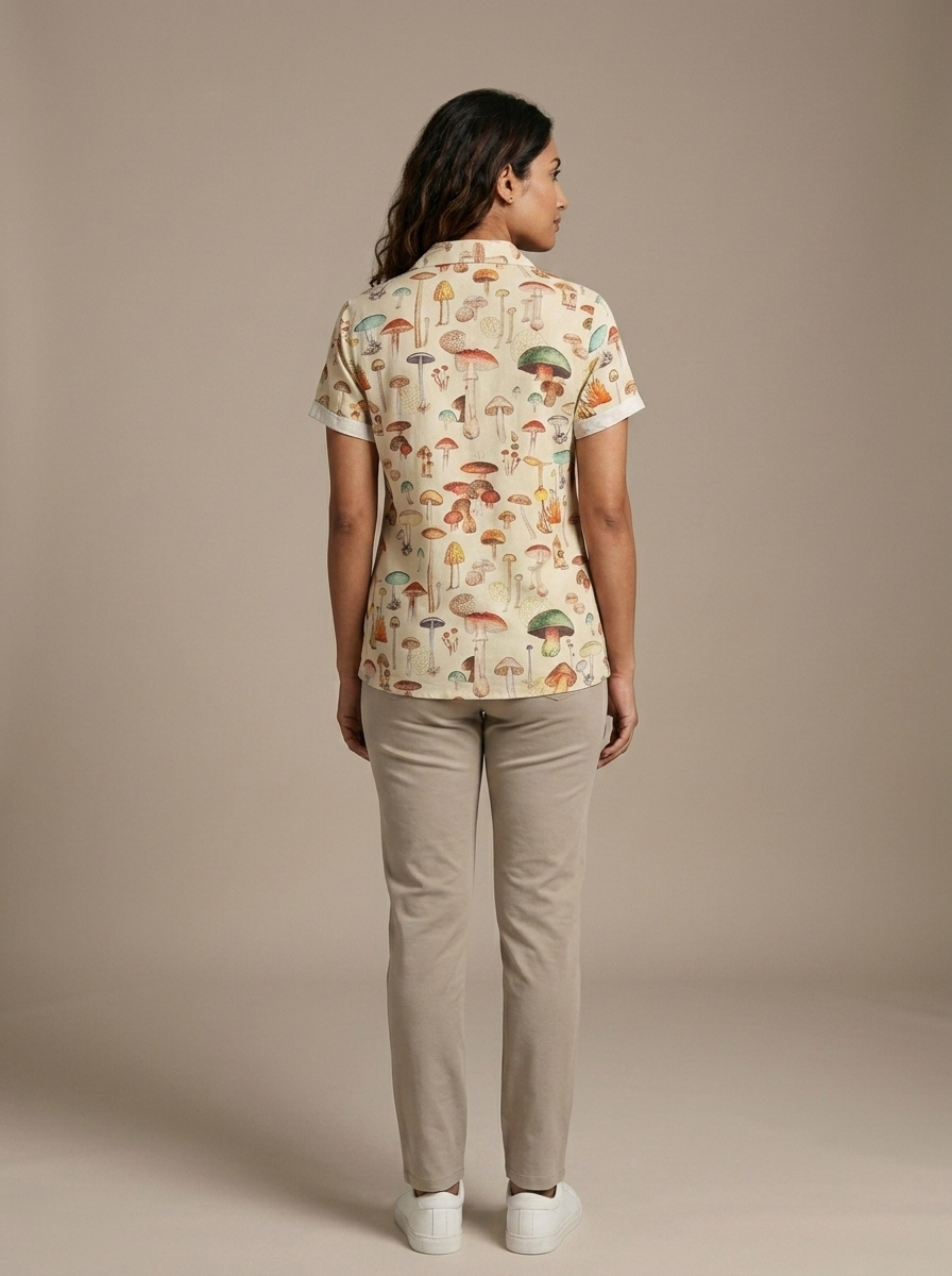 Mushroom Print Short Sleeve Camp Collar Shirt worn by a model, back view