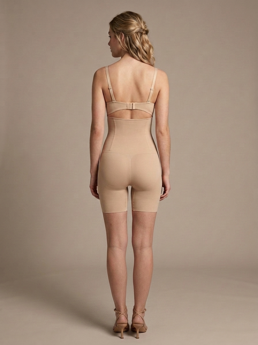 Nude Strappy Shaper Bodysuit, Underbust Cutout worn by a model, back view
