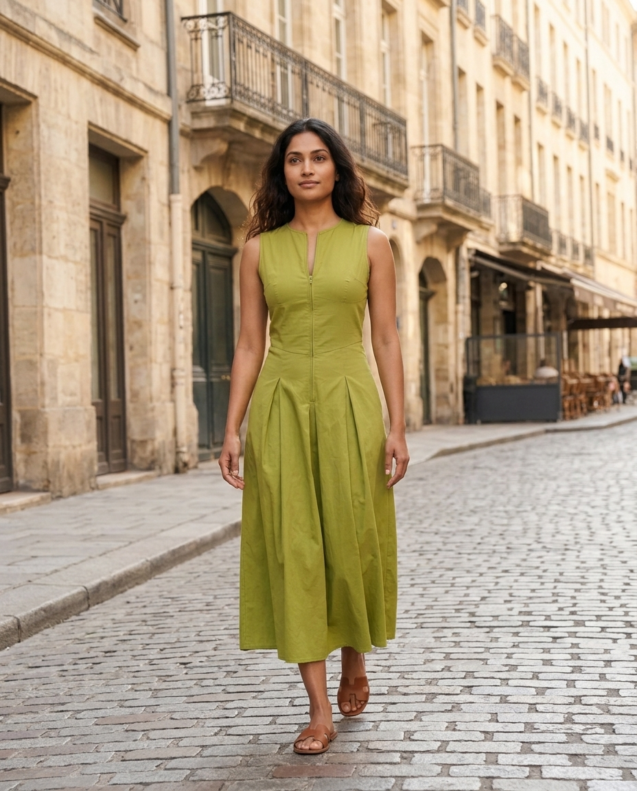Olive Green Sleeveless Zipper Front Pleated Midi Dress worn in an everyday street setting