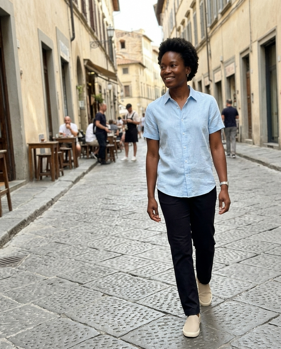 Short Sleeve Sky Blue Linen Blend Shirt worn in an everyday street setting