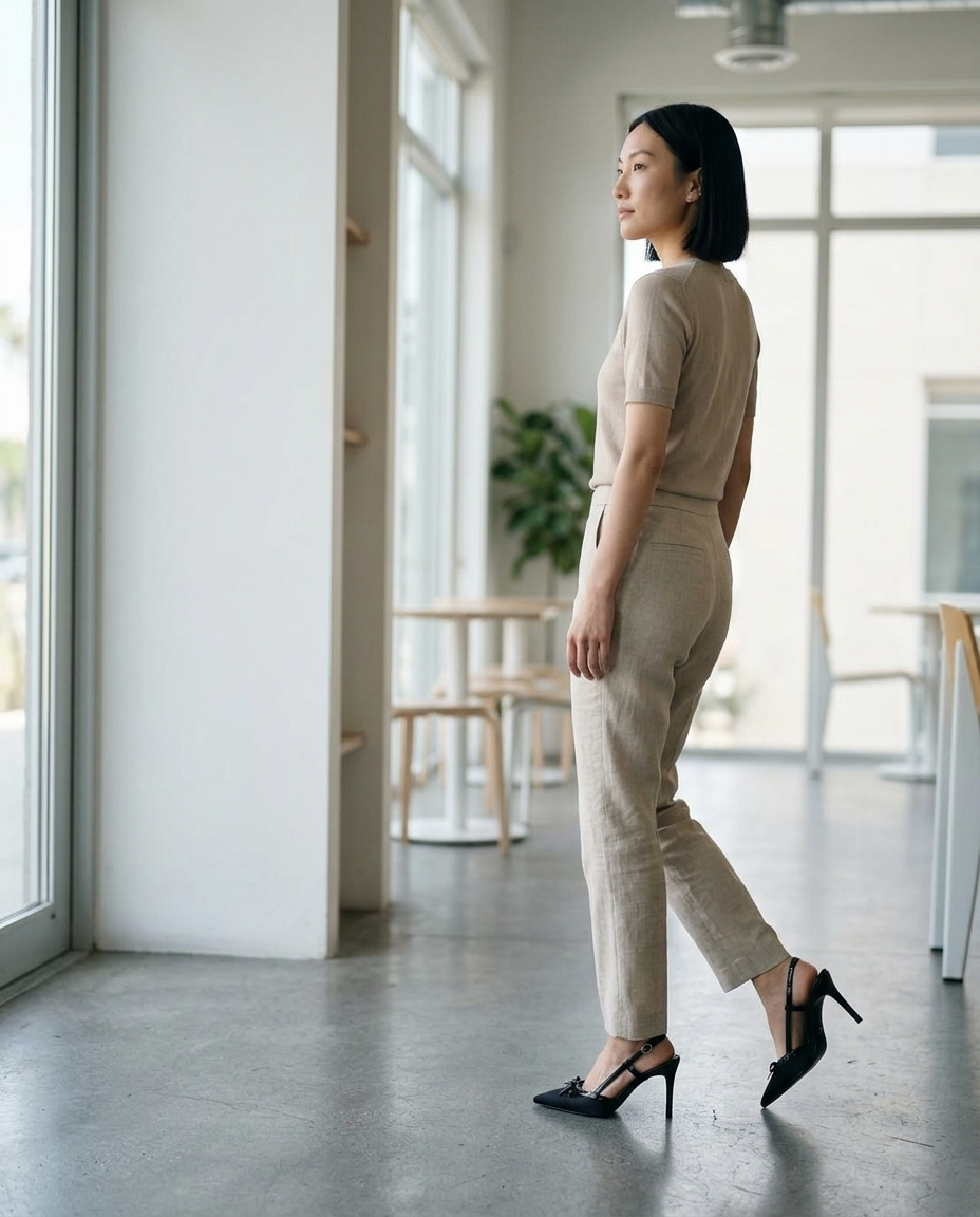 Slingback Pointed Toe Fabric Bow Heels styled in a daylight interior setting