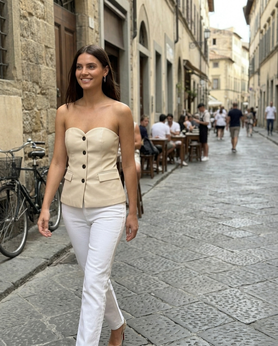 Strapless Faux Leather Blazer Style Top worn in an everyday street setting