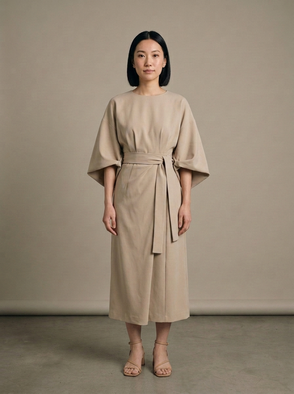 Structured Dolman Sleeve Wrap Midi Dress
