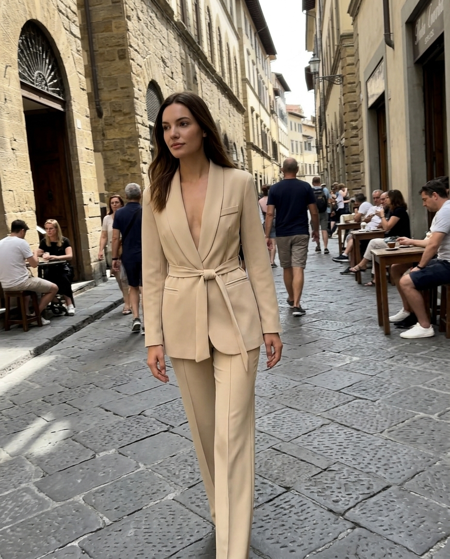 Tailored Beige Belted Shawl Lapel Suit Set worn in an everyday street setting