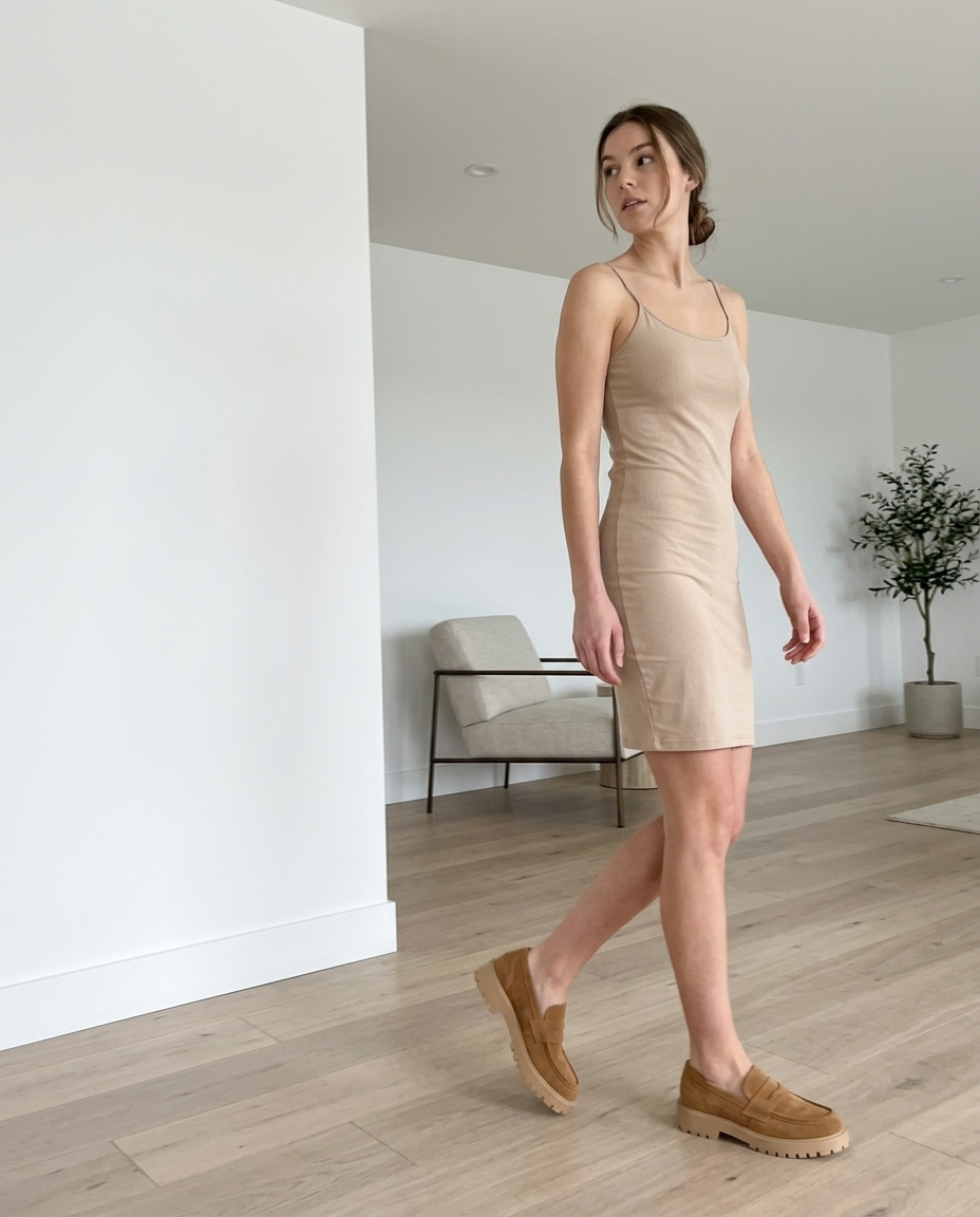 Tan Suede Chunky Platform Loafer styled in an everyday setting