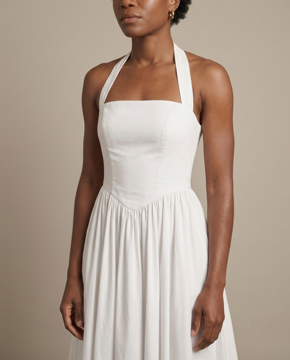 White Halter Neck Full Skirt Midi Dress worn by a model, close waist-up view