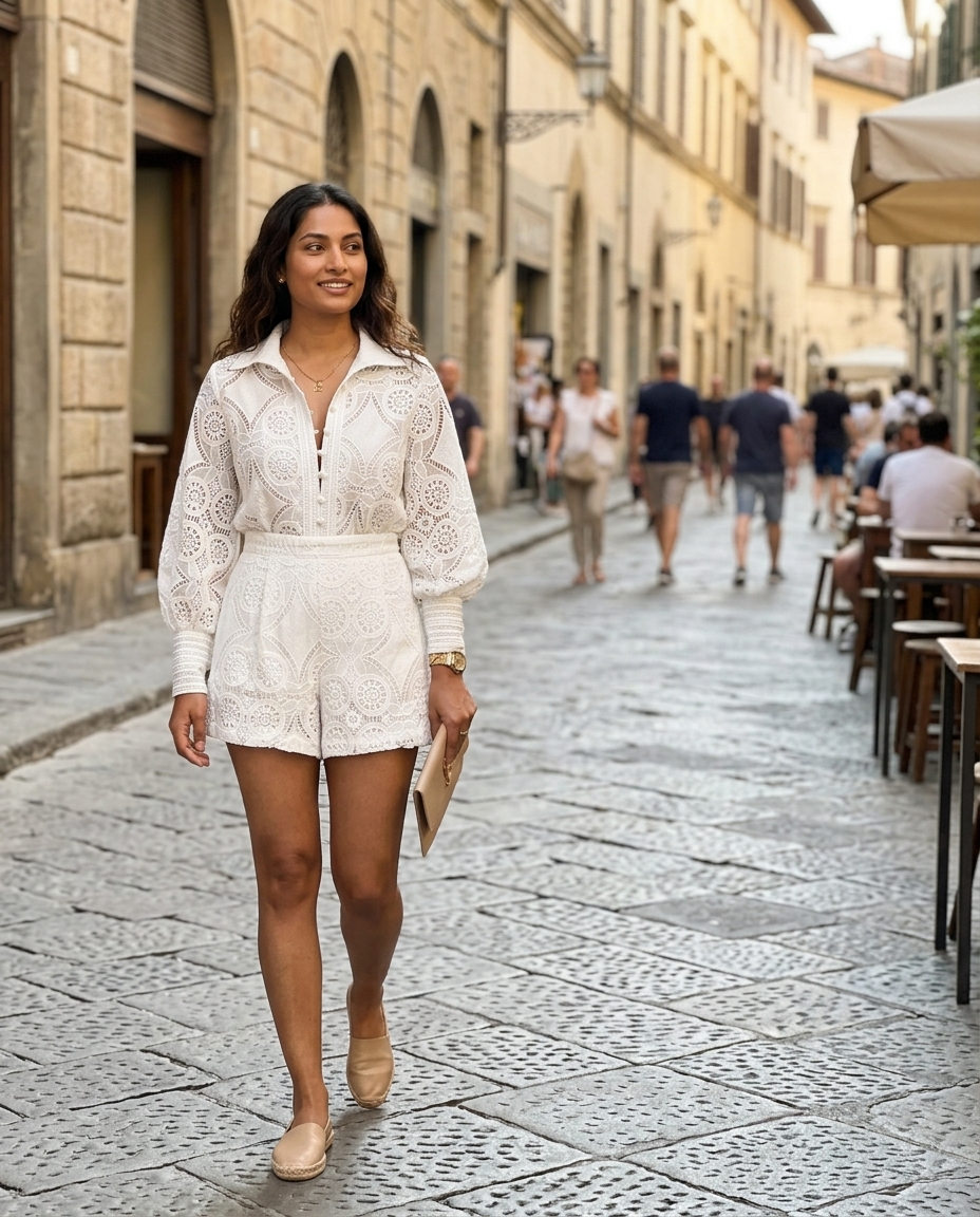 White Lace Shirt and Shorts Set worn in an everyday street setting