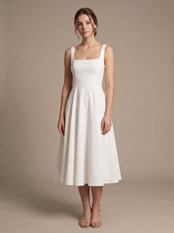 White Sleeveless Square Neck Midi Dress
