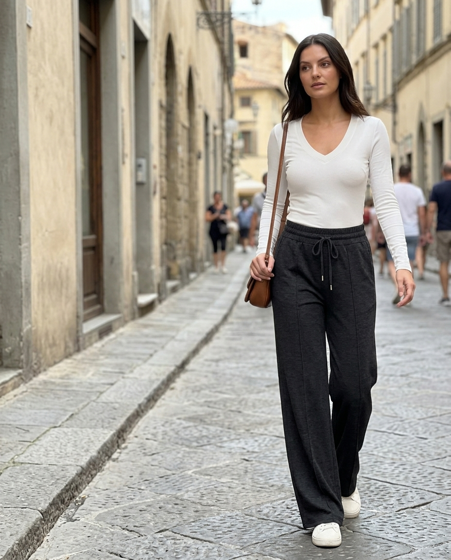 Wide Leg Heathered Drawstring Lounge Trousers worn in an everyday street setting