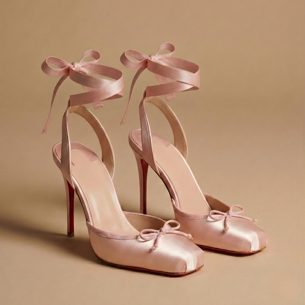 Close-up of Ballet Pink Satin Ankle-Tie Pumps
