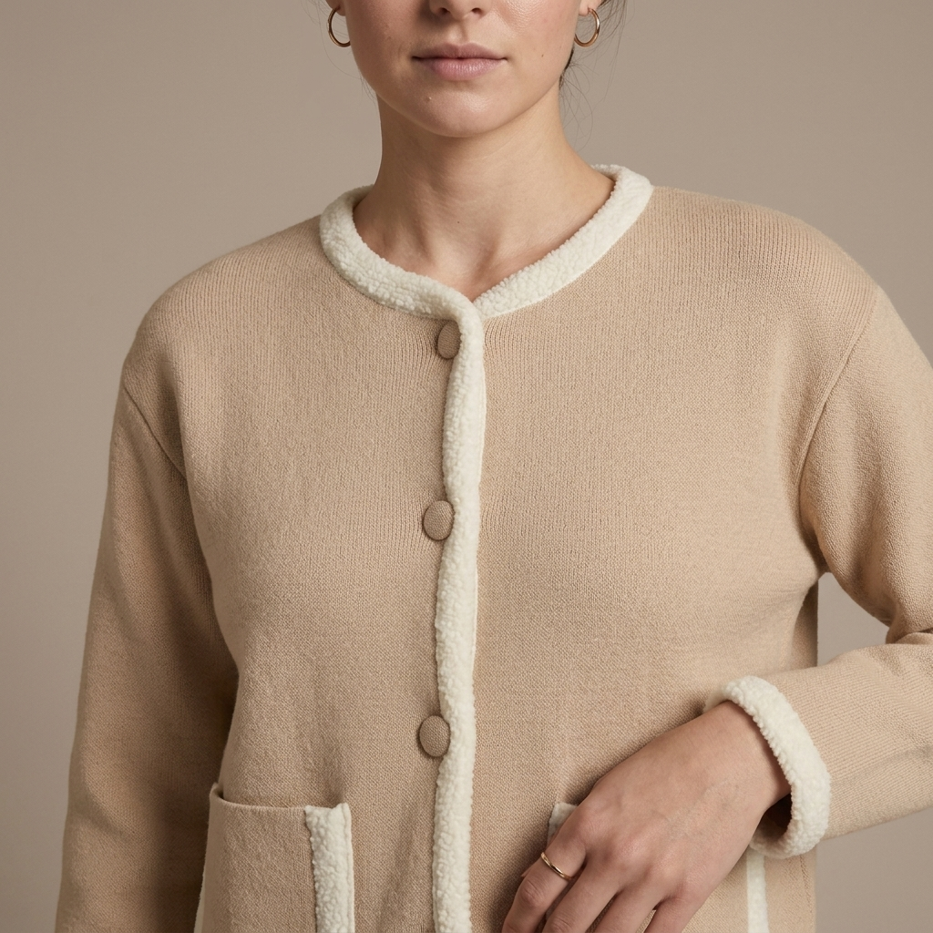 Close-up of Beige Knit Jacket Contrast Trim Pockets detail