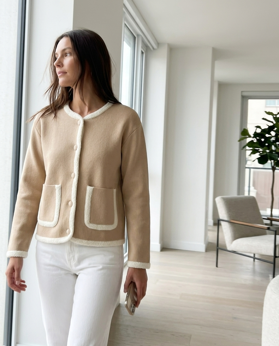 Beige Knit Jacket Contrast Trim Pockets styled in a daylight interior setting