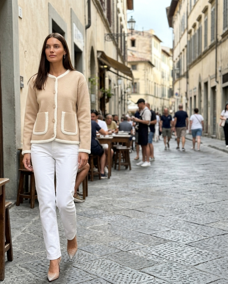 Beige Knit Jacket Contrast Trim Pockets worn in an everyday street setting