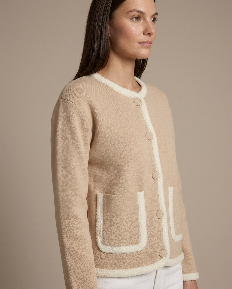Beige Knit Jacket Contrast Trim Pockets worn by a model, close waist-up view