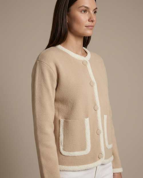 Beige Knit Jacket Contrast Trim Pockets worn by a model, close waist-up view