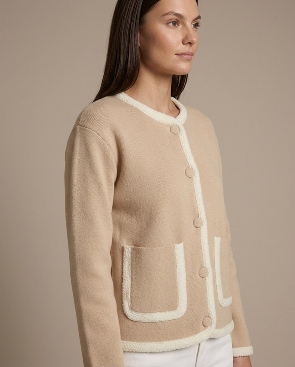 Beige Knit Jacket Contrast Trim Pockets