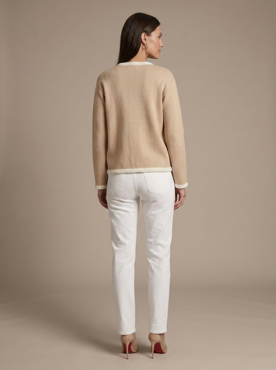 Beige Knit Jacket Contrast Trim Pockets worn by a model, back view