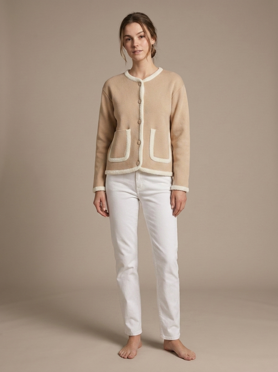 Beige Knit Jacket Contrast Trim Pockets worn by a model, front view