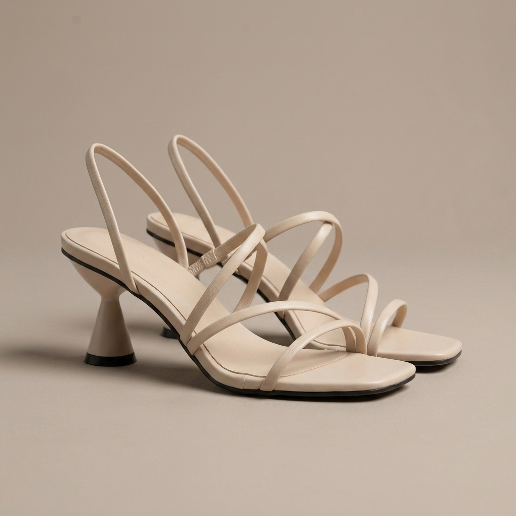 Close-up of Beige Strappy Square Toe Heeled Sandals