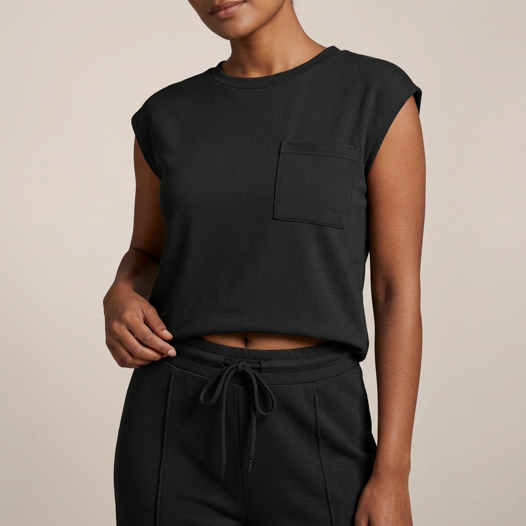 Close-up of Black Cap Sleeve Drawstring Wide Leg Set detail