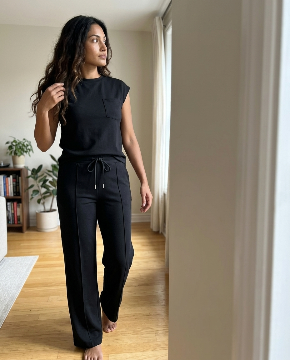 Black Cap Sleeve Drawstring Wide Leg Set styled in a daylight interior setting