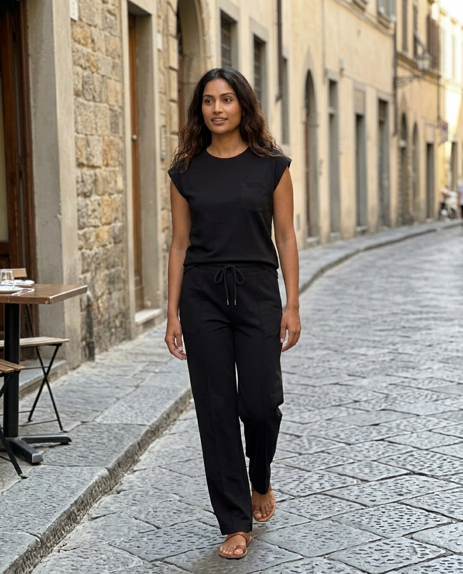 Black Cap Sleeve Drawstring Wide Leg Set worn in an everyday street setting