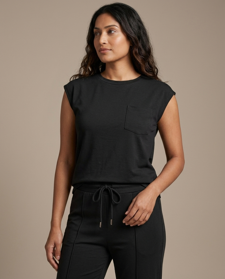 Black Cap Sleeve Drawstring Wide Leg Set worn by a model, close waist-up view