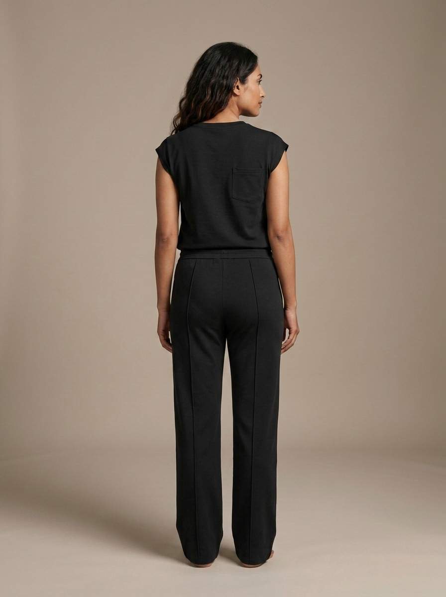 Black Cap Sleeve Drawstring Wide Leg Set worn by a model, back view