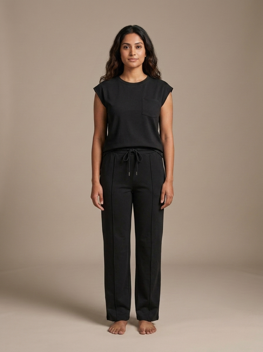 Black Cap Sleeve Drawstring Wide Leg Set worn by a model, front view