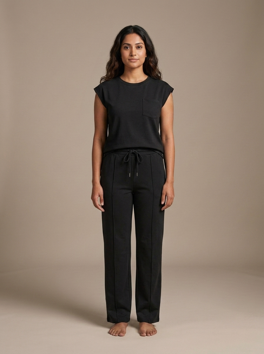 Black Cap Sleeve Drawstring Wide Leg Set worn by a model, front view