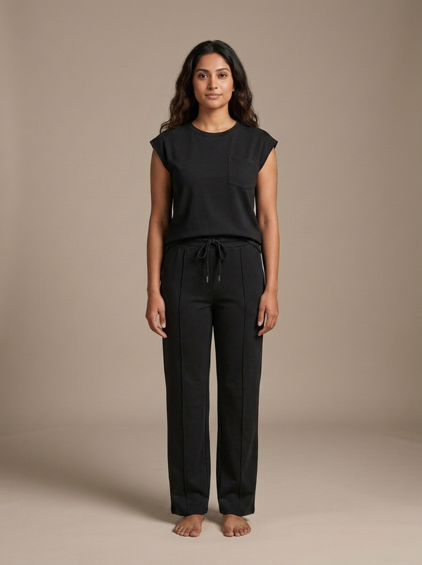 Black Cap Sleeve Drawstring Wide Leg Set