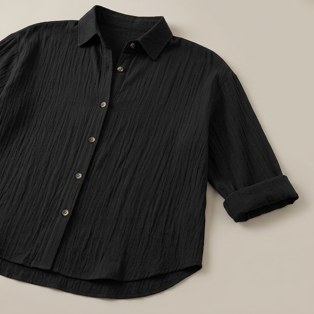 Close-up of Black Collared Crinkle Cotton Shirt fabric and detailing