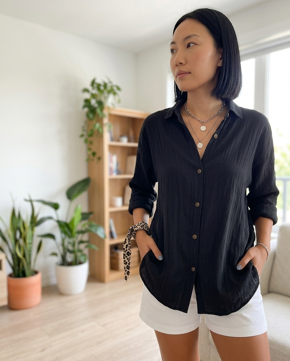 Black Collared Crinkle Cotton Shirt styled in a daylight interior setting